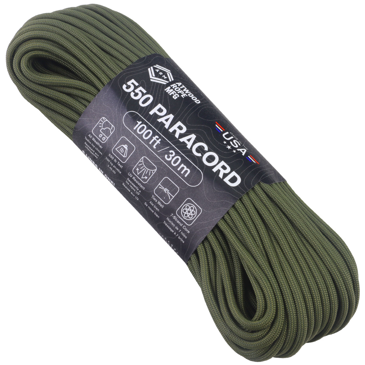 Atwood 550lbs Paracord 7 cores 100ft (Black)