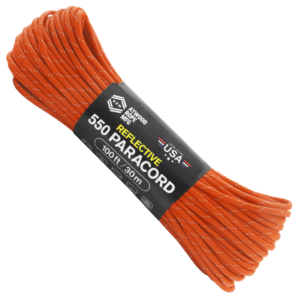 YakAttack 550 Paracord With Reflective Tracer - 35 Ft Black/Orange Nylon Rope, Made In USA, For Kayak, Camping, Survival