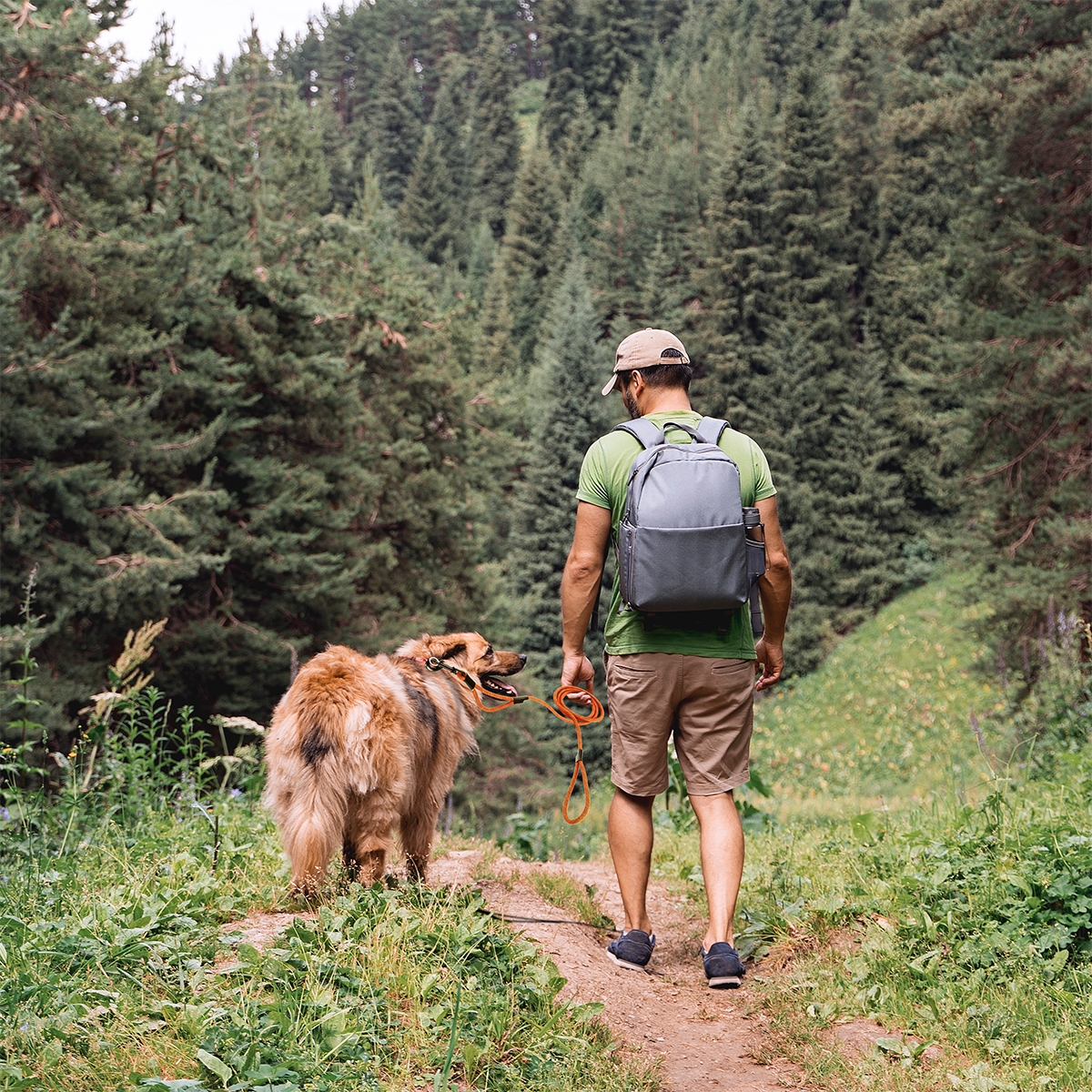 Man Walking Dog on forest trail with Atwood Rope's Control Leash