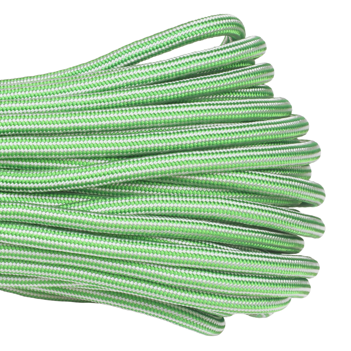 1100 Paracord Green w White Line Patterns 100ft Closeup