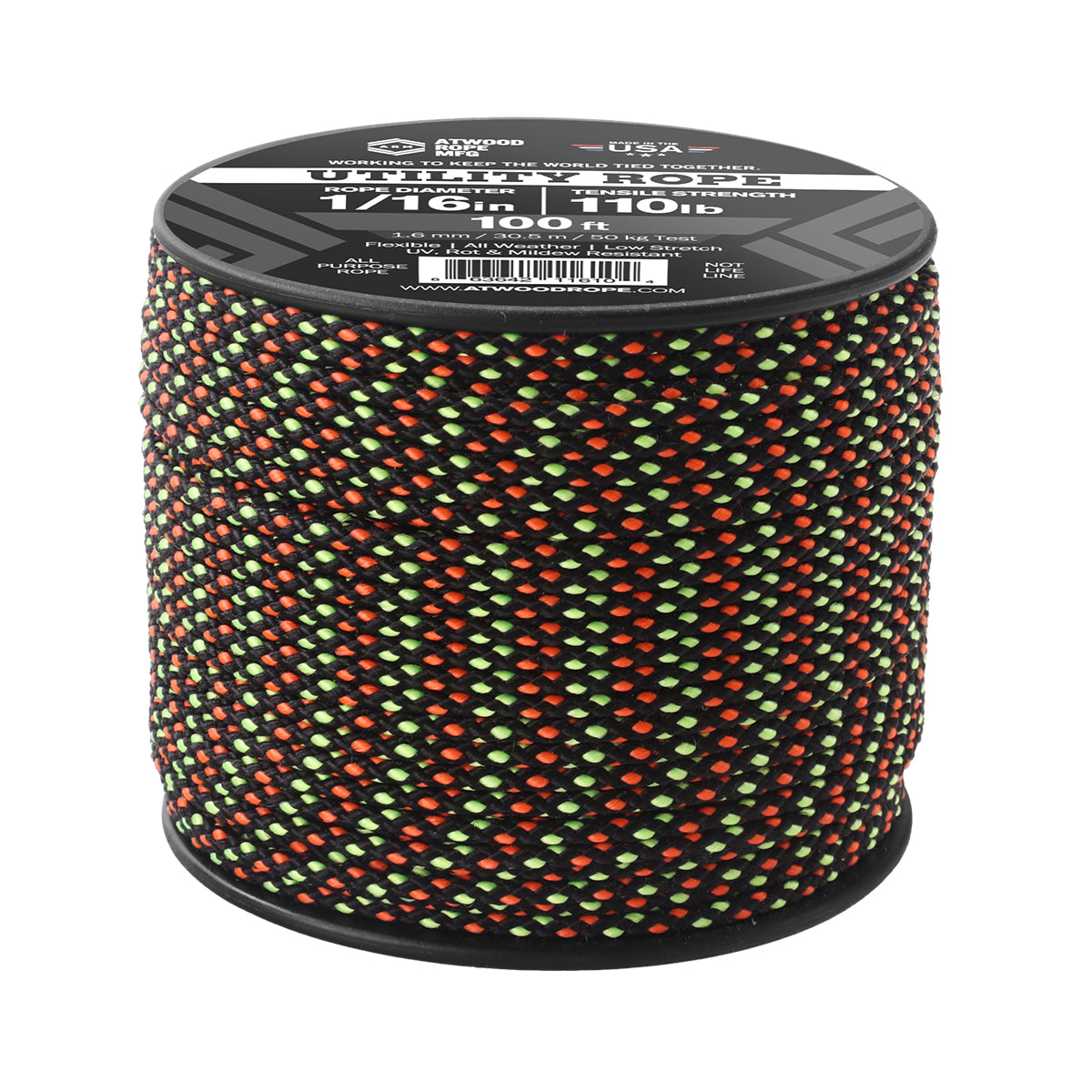 1 16 Black w Neon Green & Orange Dots 100ft