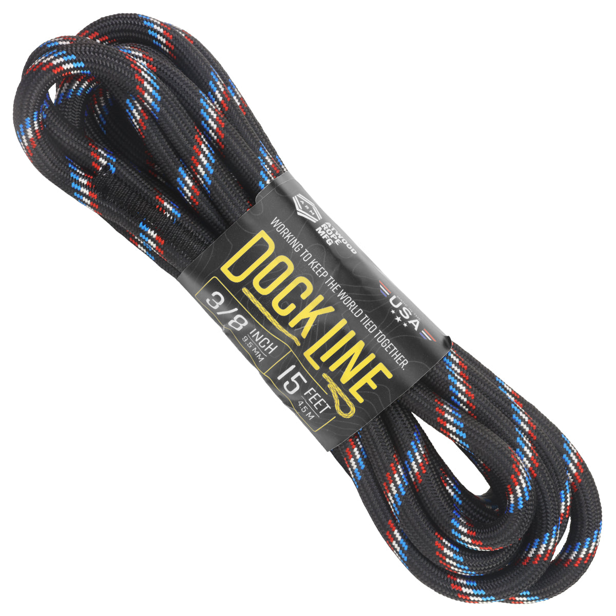 3 8 Vexibraid Dock Line Black with Red and White Blue Tracer