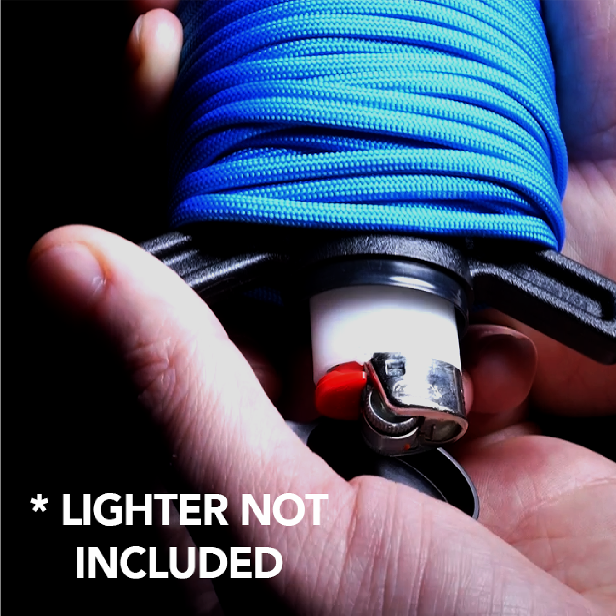 Closeup of hands opening Ready Rope's internal storage compartment with a lighter inside, lighter not included