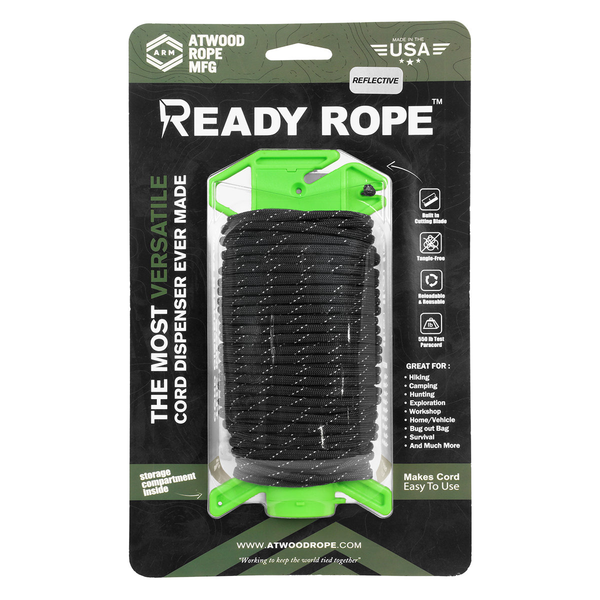 Ready rope Neon Green BASE with Black Reflective Paracord 100ft