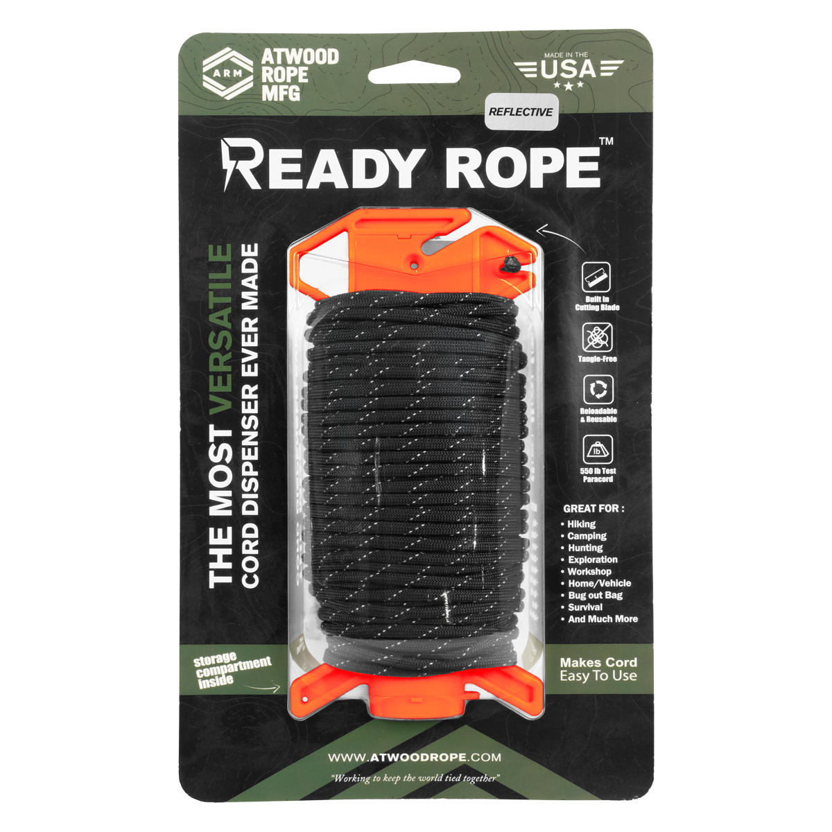 Ready rope Neon Orange BASE with Black Reflective Paracord 100ft