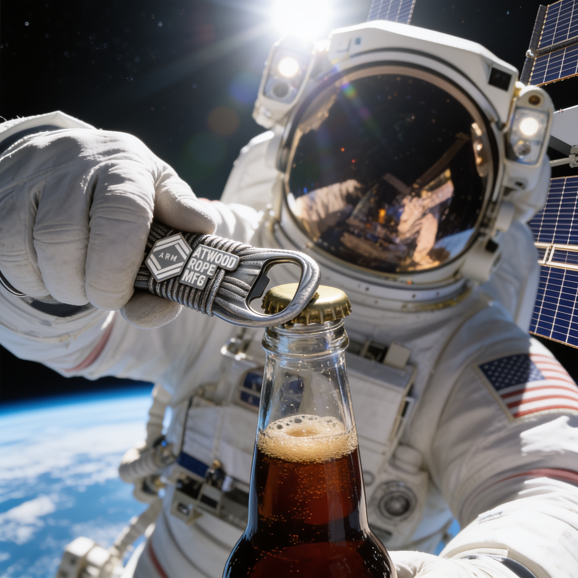 Space Man with an Atwood Rope Hank shaped Bottle opener cracking open a cold Soda in outer space
