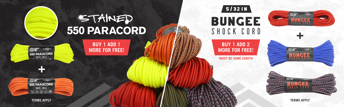 Stained 550 Paracord buy one add one more to the cart for free & 5 32 bungee shock cord add one to cart add 2 more of same length for free