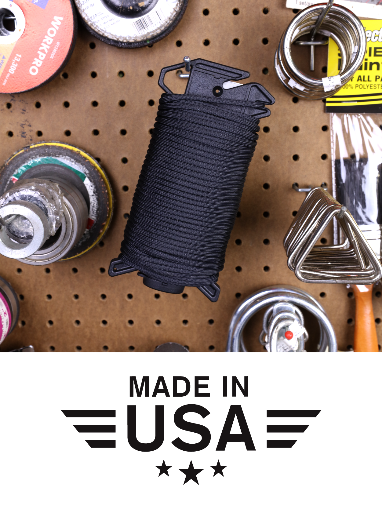 Ready Rope Made in USA, hanging on a wall of tools