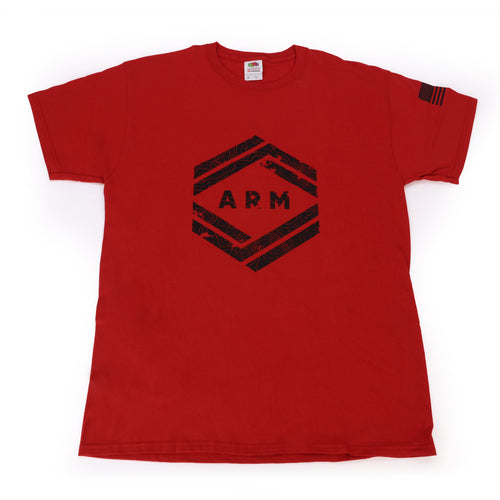 arm red w black t shirt