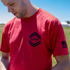 arm mountain red t shirt front